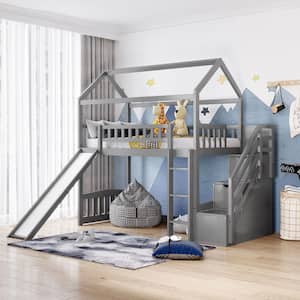 Gray Twin Loft Bed with 2-Drawers and Slide