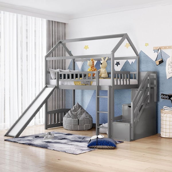 Qualler Gray Twin Loft Bed with 2-Drawers and Slide