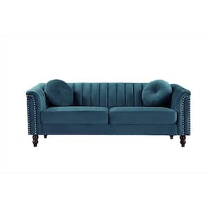 Hills 75.2 in. Rolled Arm Velvet Straight 3-Seater Sofa in Blue-Green