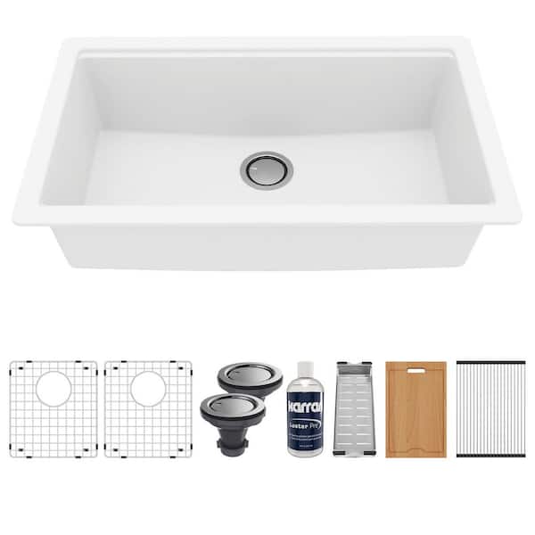 QUWS- 875 Quartz/Granite 32.5 in. Single Bowl Undermount Workstation Kitchen Sink in White