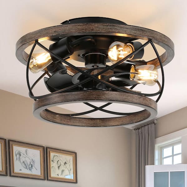 Oaks Aura Gina 18 in. Indoor Weathered Wood Tan Farmhouse Flush Mount Ceiling Fan with Lights 3-Speed Caged Fan Lights with Remote