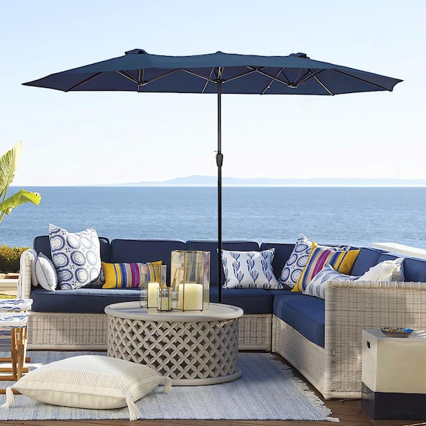 Cesicia 15 ft. Patio Outdoor Double-Sided Rectangular Market Patio Umbrella with Crank in Blue