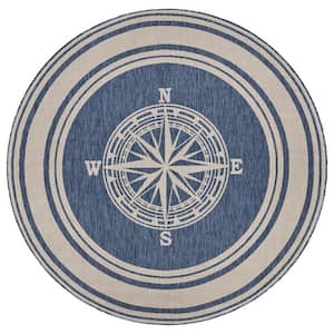 Naira Nautical Navy Blue/White 7 ft. 6 in. Round Navigation Polypropylene Indoor/Outdoor Area Rug