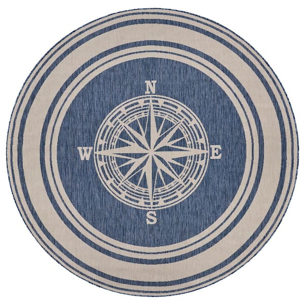Naira Nautical Navy Blue/White 7 ft. 6 in. Round Navigation Polypropylene Indoor/Outdoor Area Rug