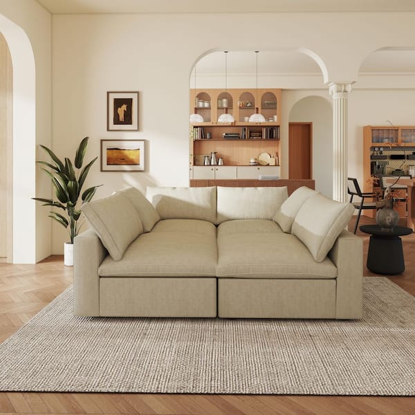 Magic Home 79 in. Modular Khaki Linen Full Size 4-Seat Convertible Sleeper Sofa Bed with Romovable Cover for Apartment Living Room