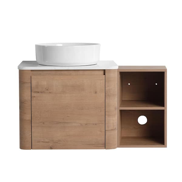 36 in. Wall-Mounted Imitative Oak Bath Vanity with White Engineered Stone Top and 1-Storage Shelves Unassembled