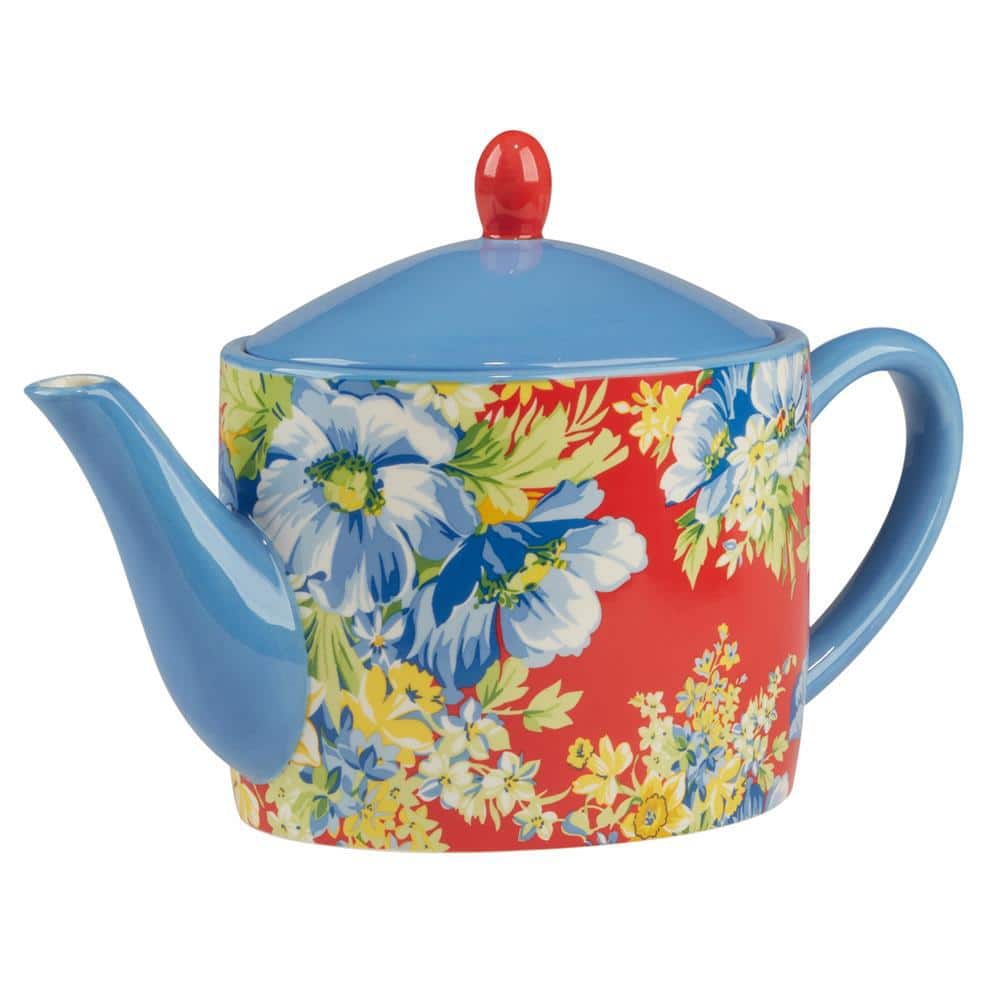 Multicolor Floral Earthenware Teapot with Blue Lid