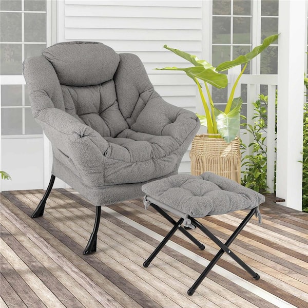 Gray Polyester Lazy Sofa Arm Chair and Ottoman Sets with Tufted Cushions and Ottoman