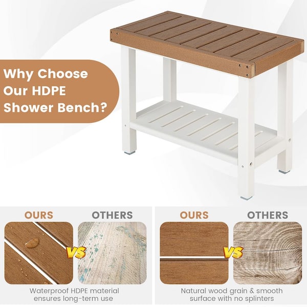 2-Tier Heavy Duty Waterproof Shower Bench with Storage Shelf - Costway