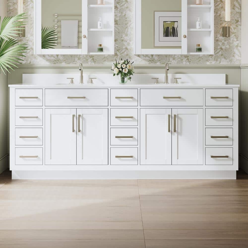 84 in. White Solid Wood Freestanding Bath Vanity with White Cultured Marble Top, Brushed Nickel Pulls, Assembled price history on PriceWatchPro