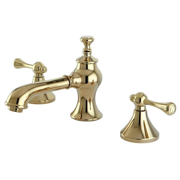 Kingston Brass English Lever 8 in. Widespread 2-Handle Mid-Arc Bathroom Faucet in Polished Brass
