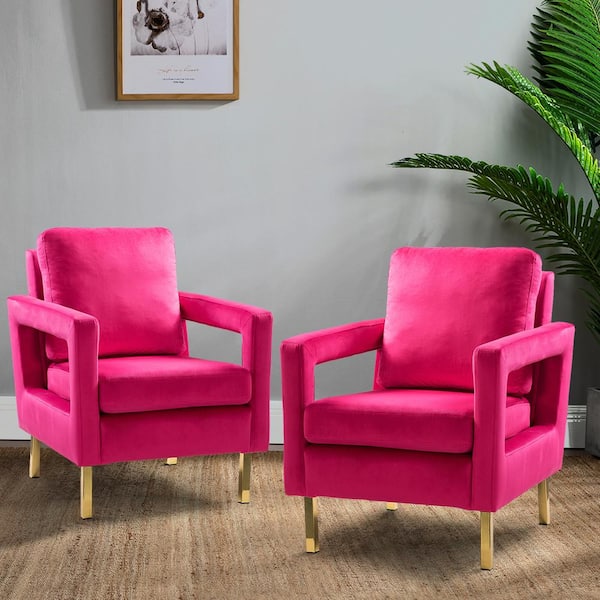 JAYDEN CREATION Anika Modern Fushia Comfy Velvet Arm Chair with Stainless Steel Legs and Square Open-framed Arm (Set of 2)
