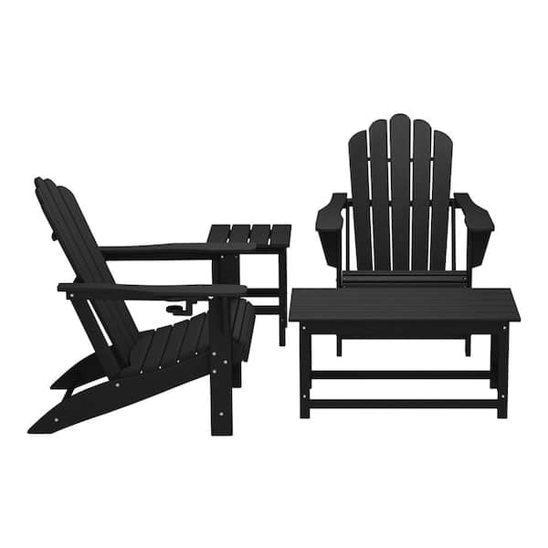 Aderson 4-Piece All Weather Outdoor Patio Black Plastic Adirondack Cup Holder Chairs and Table Converstation Set