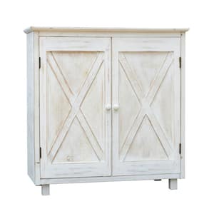 Farmhouse Whitewashed Wood Storage Cabinet with 2 Barn Doors