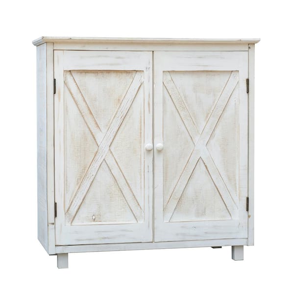 PARISLOFT Farmhouse Whitewashed Wood Storage Cabinet with 2 Barn Doors