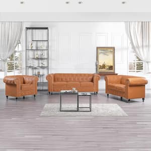 88.58 in. W Rolled Arm Faux Leather Rectangle Chesterfield Sofa 3 Set Piece, Tufted 3-Seat Cushions Couch in. Caramel