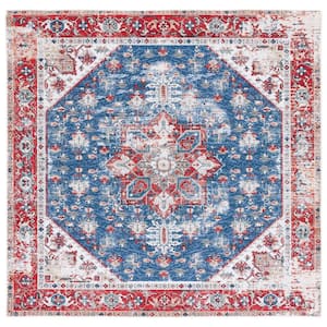 Tuscon Blue/Red 4 ft. x 4 ft. Machine Washable Border Distressed Square Area Rug