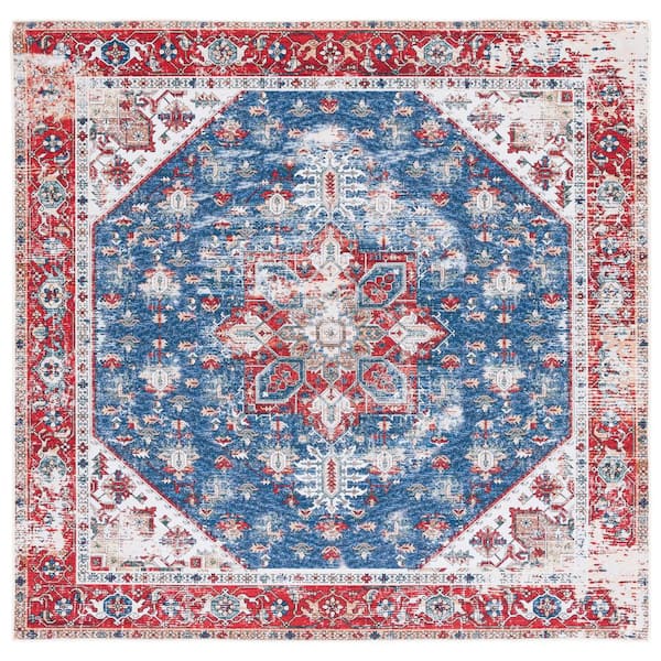 SAFAVIEH Tucson Blue/Red 9 ft. x 9 ft. Machine Washable Distressed Ornate Border Square Area Rug