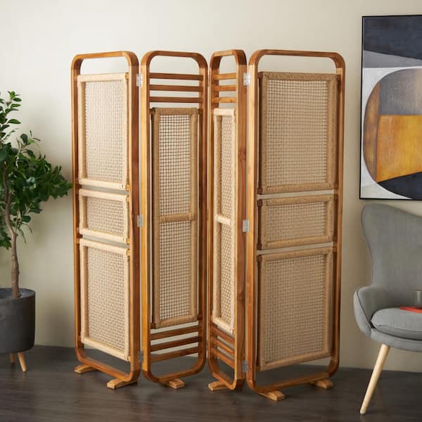 70 in. Brown Handmade Hinged Partition Room Divider Screen with 4-Panel Woven Rattan