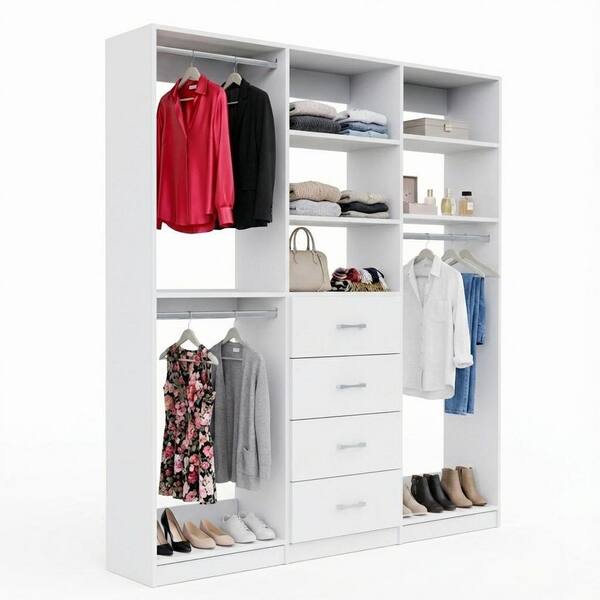 Alto Collection 76.5 in. W White Wall Mounted Double Hang, 4-Drawer and Medium Hang Wood Closet System