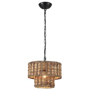 1-Light 2-Tier Black Drum Rattan Dimmable Chandelier Light for Kitchen Island,Dining Room with No Bulbs Included