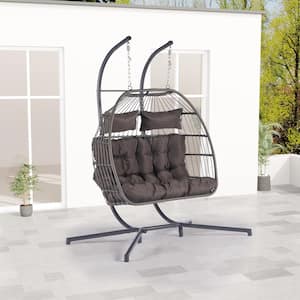 Luxury Foldable 2-Person X-Large Outdoor Rattan Patio Swing Hanging Egg Chair, Dark Gray