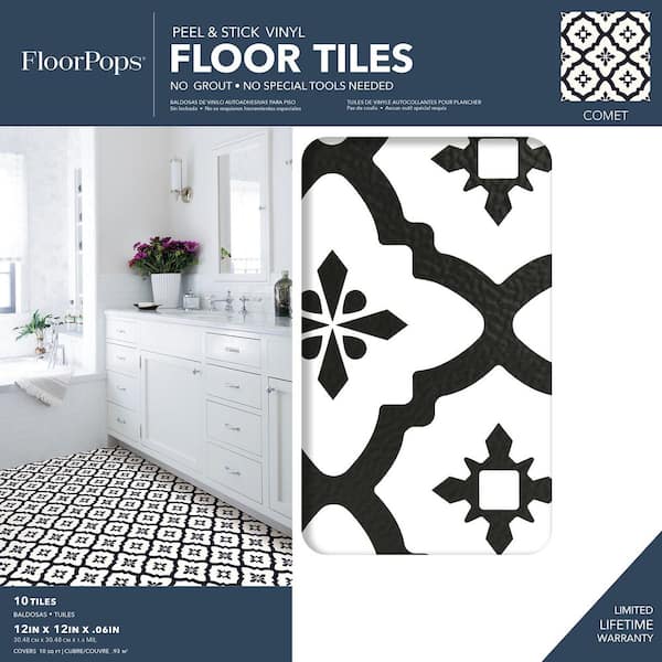 Comet 12 in. W x 12 in. L Black Peel & Stick Vinyl Tile Flooring (10 sq. ft./case)