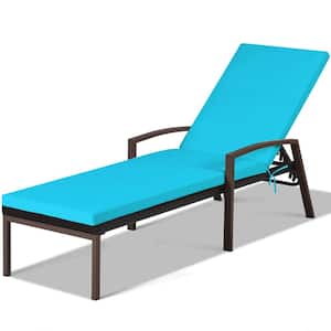Adjustable Brown Rattan Wicker Patio Outdoor Lounge Chair Recliner Back with Turquoise Cushions