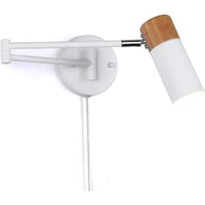 1-Light White Plug-In Swing Arm Wall Lamp with Wood Head