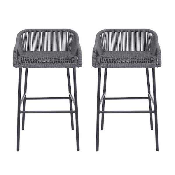 Yvette 29 in. Rope Weave and Metal Patio Outdoor Bar Stools, Dark Gray Plus Black, (Set of 2)