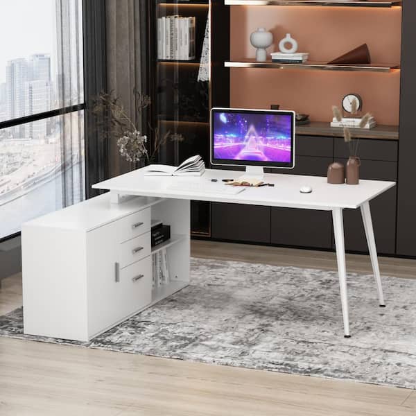 FUFU&GAGA 63 in. W-28.7 in. H White Computer Desk with 3-Drawers 