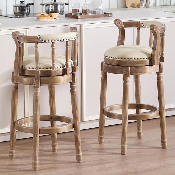 Pound 37.8 in. H Beige Solid Wood Bar Stool with Genuine Leather Seat, Swivel Bar Height Chair with Curved Back(1 Pack)