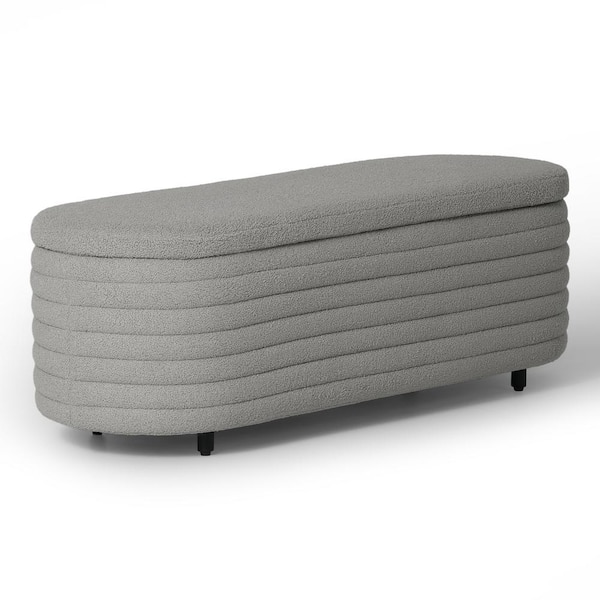 WESTINFURNITURE Bayville 54 in. Wide Oval Sherpa Upholstered Entryway Flip Top Storage Bedroom Accent Bench in Light Gray