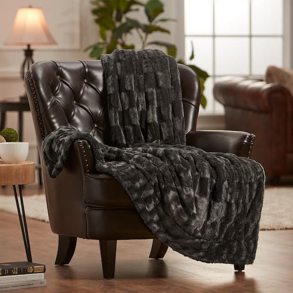 Embossed Dark Gray Faux Fur Polyester Sherpa Shearling Throw Blanket - 50 in. x 65 in.