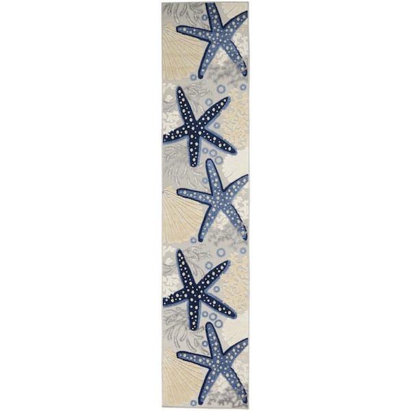 Blue, Gray 2 ft. x 10 ft. Woven Polypropylene Indoor/Outdoor Area Rug