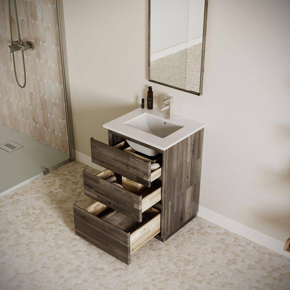 Modern 24" Brown Quartz Stone Vanity Set with Ceramic Sink and Mirror