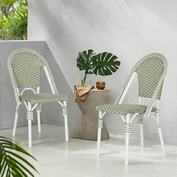 Mooney Bamboo Print Finish Patterned Faux Rattan Outdoor Dining Chairs Patio Bistro Chairs, Green Plus White, (2-Pack)