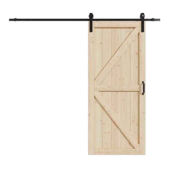 36 in. x 84 in. K-Frame, Pine Wood Unfinished, Barn Door Slab with Barn Door Hardware