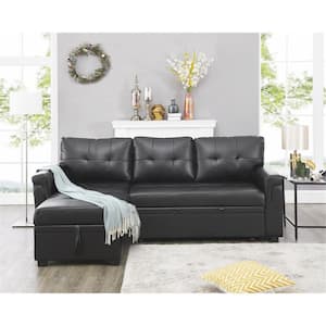 78 in W Black, Reversible Faux Leather Sleeper Sectional Sofa Storage Chaise Pull Out Convertible Sofa in. Black
