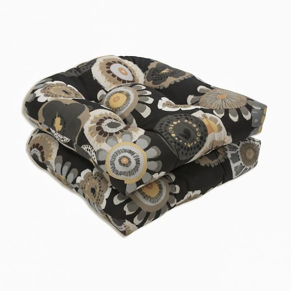 Pillow Perfect Floral 19 in. x 19 in. Outdoor Dining Chair Cushion in Black/Yellow (Set of 2)