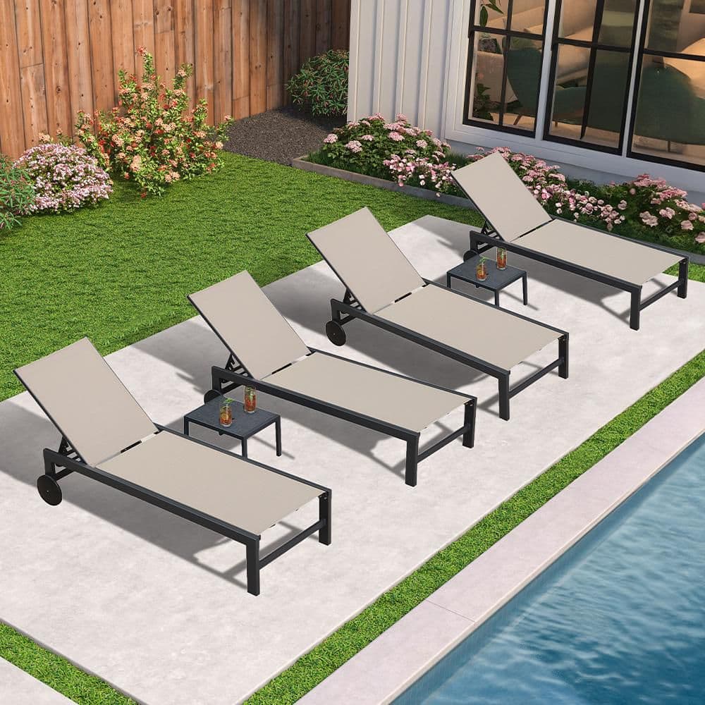 Textilene Fabric and Metal Frame Outdoor Chaise Lounge with Wheel and Side Table for Patio, Yard, Pool (4-Pack) price history on PriceWatchPro