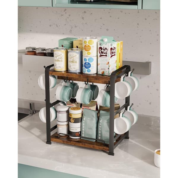 Wooden Coffee Bar Organizer with 14 Mug Hooks, 2 Tier Countertop Coffee Mug Holder Stand for Cups, Mugs, Syrups, Brown