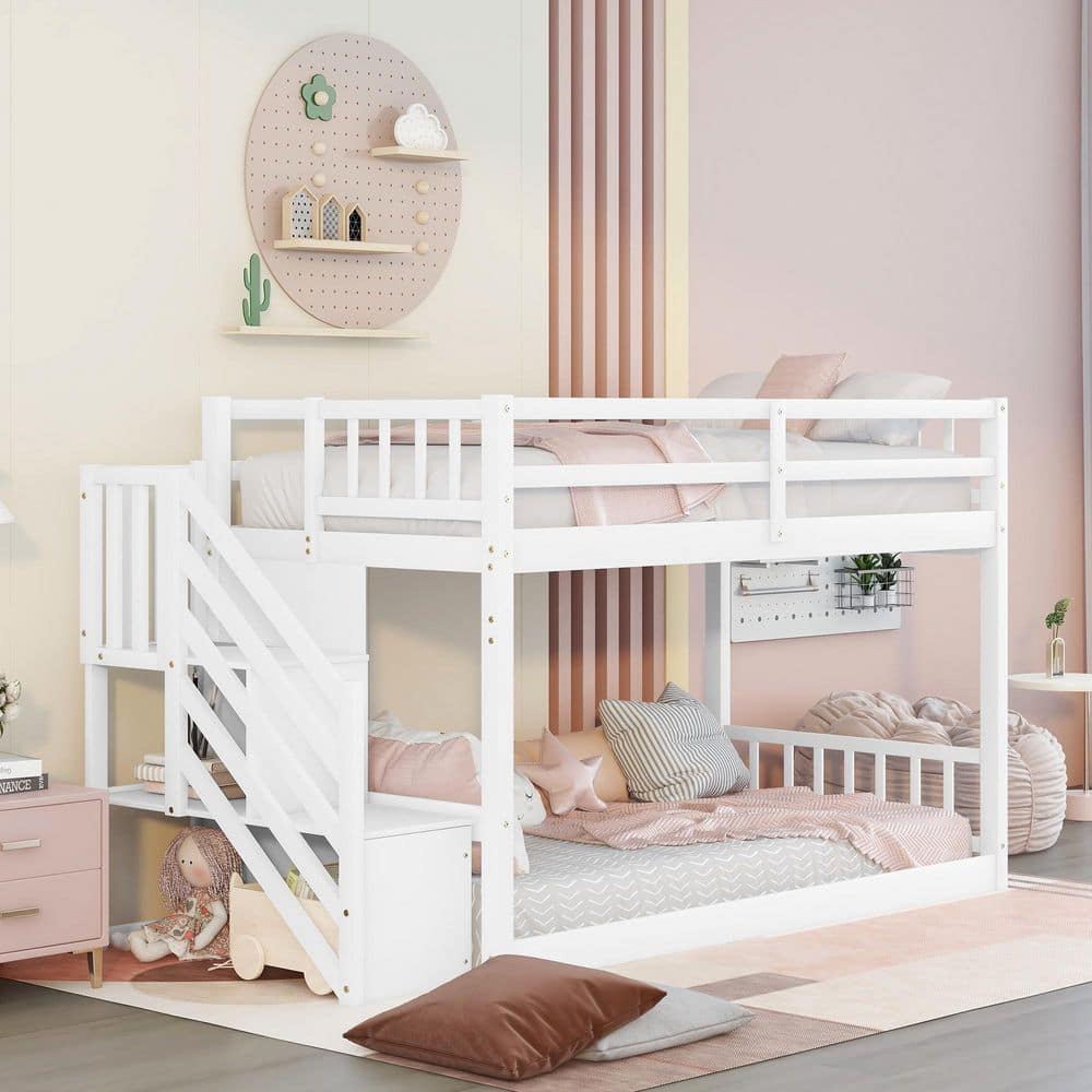 URTR White Twin Over Twin Bunk Bed for Kids, Solid Wood Floor Bunk Bed ...