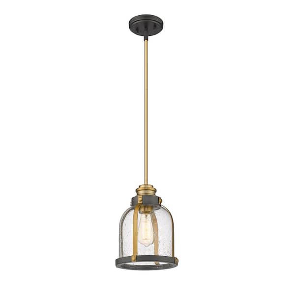 Unbranded 1-Light Bronze and Brass Mini Pendant with Clear Seedy Glass