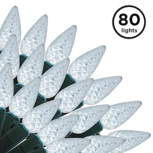 80-Light C6 Faceted Pure White LED Light Set, Green Wire