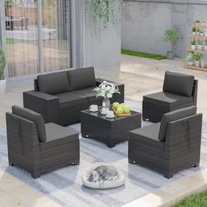 6-Piece Wicker Outdoor Sectional Set with Glass Coffee Table and Black Cushions
