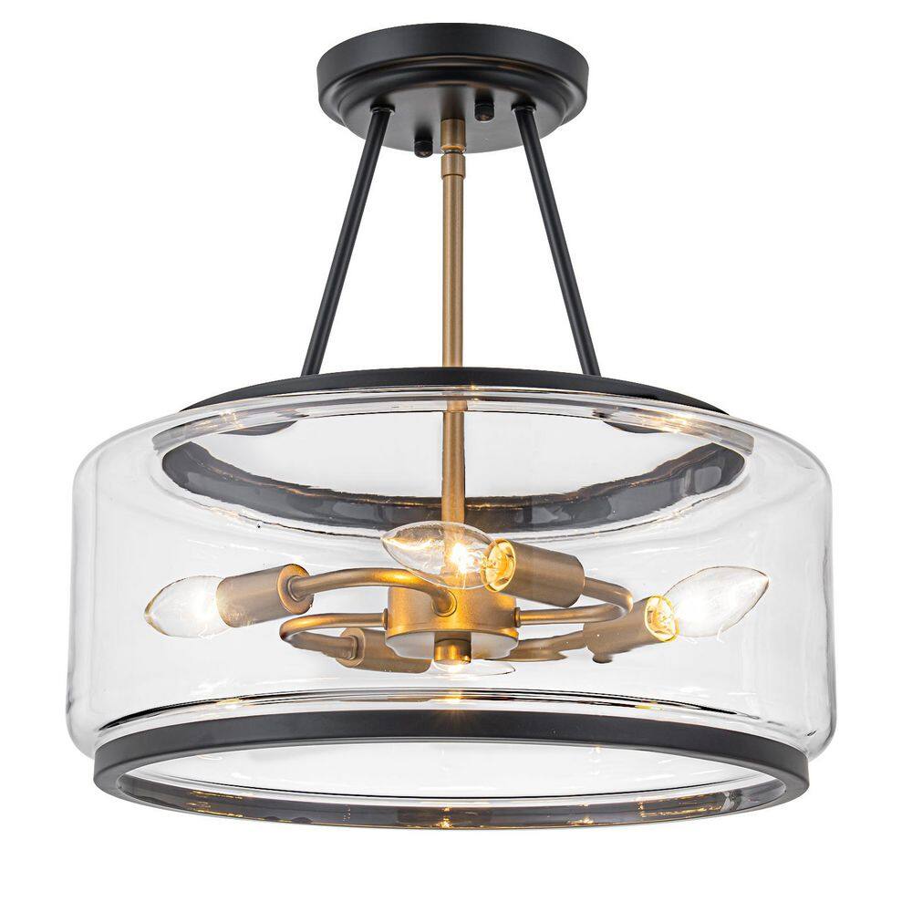 Kost 16 in. 4-Light Drum Matte Black and Gold Semi-Flush Mount with Clear Glass Shade for Kitchen Foyer Bedroom price history on PriceWatchPro