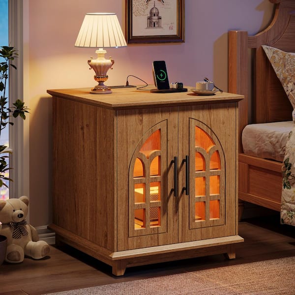 23.6 in. Brown Square Wood End Table with Charging Station and Light, Sofa Side Table with Storage Cabinet (Set of 2)