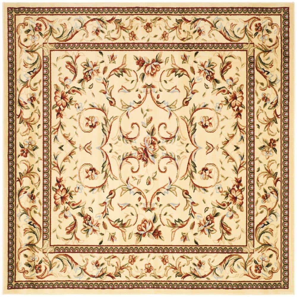 Ivory Floral Hand-Knotted Synthetic Square Rug, 8' x 8'