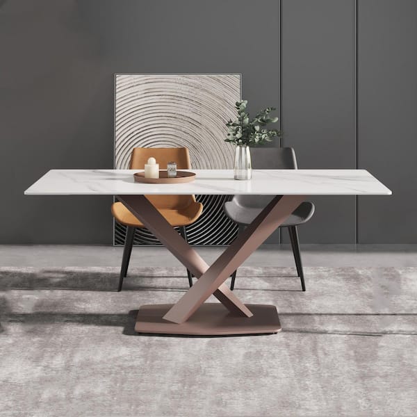 Magic Home 70.87 in. Rectangle White Sintered Stone Top Cross Legs Cross Purple Carbon Steel Base Dining Table (6 Seats)